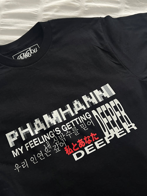 Black t-shirt with white and red text on a white background